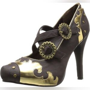 Ellie Shoes Women’s 420-Steel Slide Pump, Brown/Gold, Size 8, New Without Box